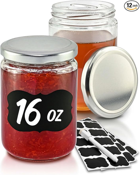 16 oz Glass Jars with Lids - Mason Style Regular Mouth Jars - 12 Pack - Airtight with Labels & Pen - Dishwasher Safe - Perfect for Canning, Pickling, Food Storage, Meal Prep & Homemade Jam