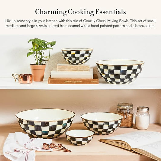 MACKENZIE-CHILDS Enamel Mixing Bowl Set, Small 5-Cup, Medium 10-Cup, and Large 16-Cup Serving Bowls for Entertaining, Set of 3, Black-and-White Courtly Check