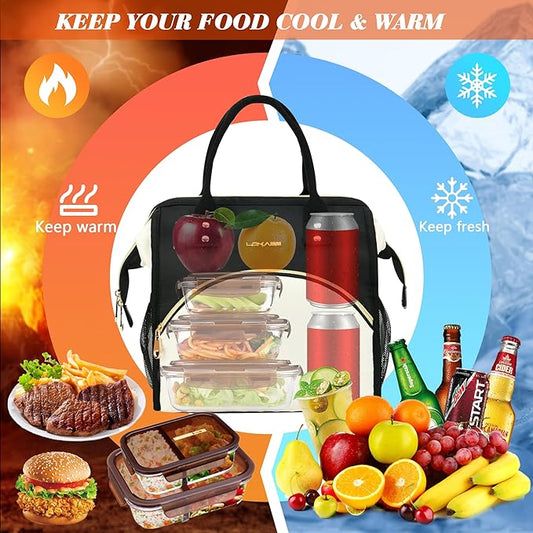 Personalized Lunch Box for Women, Initial Reusable Insulated Lunch Bag, Wide-Open Adult Lunchbox Cooler Lunchbag, Initial Leakproof Lunch Tote Bag for Picnic Work Outdoors Black and White -B