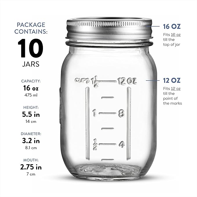 Paksh Novelty Mason Jars with Lids & Sealer - 5 Pack 16 Oz Regular Mouth Glass Canning Jars - Food Storage Container - Airtight Container for Pickling, Candles, Overnight Oats, Fruit Preserves