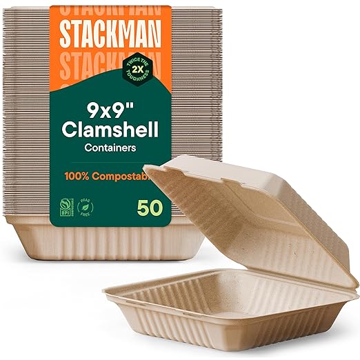 100% Compostable To Go Containers 9x9" Clamshell Take Out Food Container with Hinged Lid - Disposable Togo Plates - Biodegradable Eco-Friendly Takeout Box Made of Sugar Cane Bagasse [50-Pack]