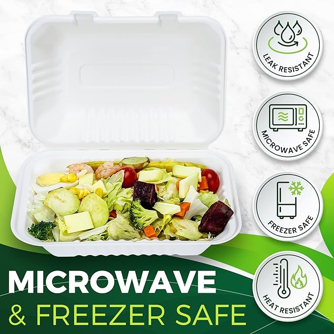 75 Pack 9”x6” Take Out Containers with Lids, EXTRA Sturdy To Go Food Containers, 100% Compostable Clamshell Take Out Containers, To Go Boxes for Food