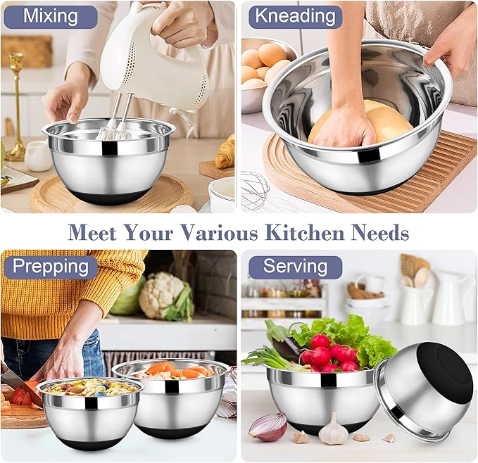 TeamFar Mixing Bowls with Lids Set of 6, Stainless Steel Metal Salad Bowls with Non-Slip Bottom, For Mixing Serving Prepping, Healthy & Heavy Duty, Black,4.6/3.5/2/1.5/1/0.7 QT