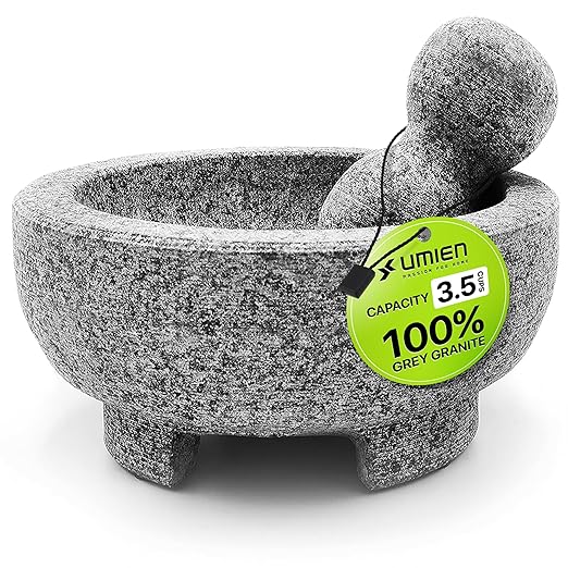 Umien™ Granite Mortar and Pestle Set - 100% Granite - 3.5-Cups - 8-Inch – Avocado Tool Included – Natural Stone Molcajete for Spices, Pestos, & Guacamole (Grey) - Stone Grinder - Guacamole
