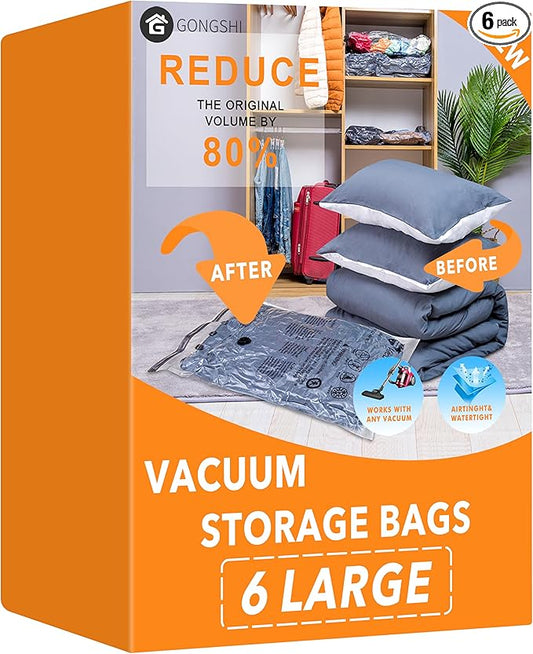 6 Large Vacuum Storage Bags,Plastic Packaging Bags,Space Saver Sealer Compression Bags for Blankets, Comforters, Pillows, Clothes Storage