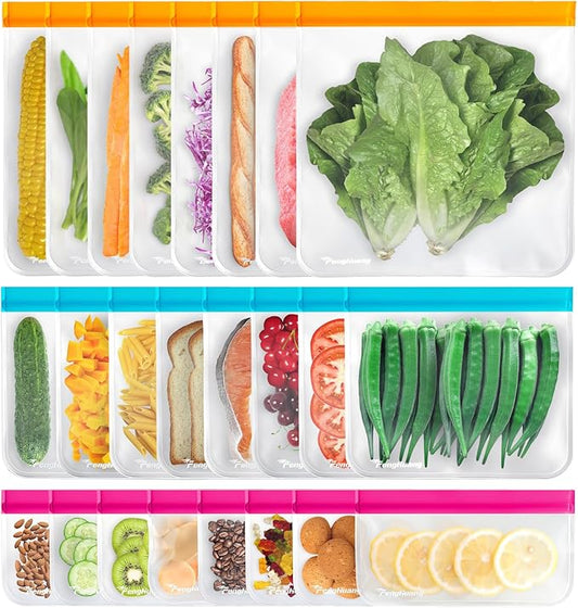24 Reusable Food Storage Bags, Freezer Bags with Pack BPA FREE (8 Reusable Gallon Bags+8 Leakproof Reusable Sandwich Bags+8 Food Grade Snack Bags) EXTRA THICK Reusbale Lunch Bag for Salad Fruit