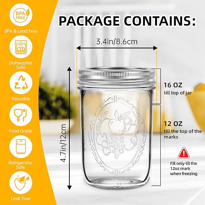 Mason Jars 16 oz with Lids, 12Pcs Wide Mouth Glass Canning Jars with Airtight Lids and Bands, Overnight Oats Containers for Pickling, Freezing, Preserving, Meal Prep, Jar Décor