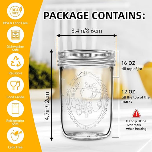 Mason Jars 16 oz with Lids, 12Pcs Wide Mouth Glass Canning Jars with Airtight Lids and Bands, Overnight Oats Containers for Pickling, Freezing, Preserving, Meal Prep, Jar Décor