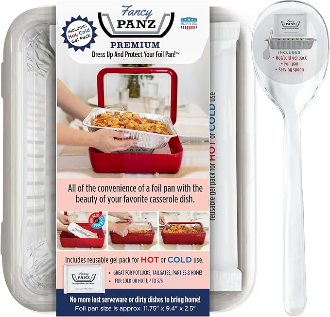 Fancy Panz Premium, Serving Tray for Food, Made in the USA Foil Pan Carrier, Stackable Aluminum Pan Holders, Travel Casserole Carrier, White