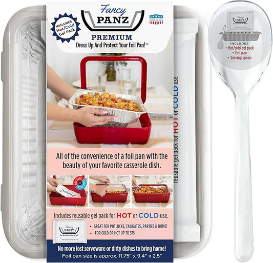 Fancy Panz Premium, Serving Tray for Food, Made in the USA Foil Pan Carrier, Stackable Aluminum Pan Holders, Travel Casserole Carrier, White