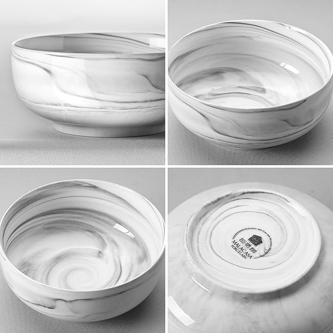 MALACASA Large Soup Bowls Set, 44 OZ (7") Salad Bowls Cereal Bowls Set of 2,Marble Grey Ceramic Bowls for Kitchen, Dishwasher & Microwave Safe, Series REGULAR