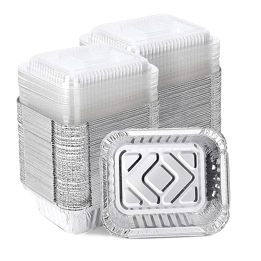 1LB Takeout Aluminum Pans with Clear Plastic Lids（100PACK）, Foil Pans - to Go Food Containers，Recyclable Aluminum Foil with Strong Seal for Freshness & Spill Resistance- 5.5"x 4.5"x 1.57"