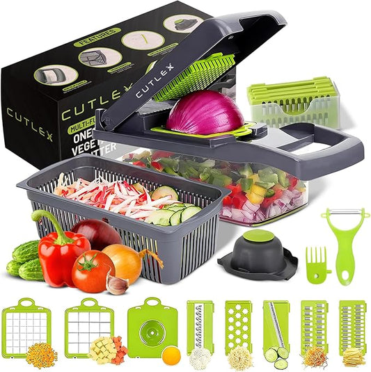 16 in 1 Stainless Steel Vegetable Chopper, Mandoline Slicer, Onion Chopper, Food Cutter with Container, Cheese Grater