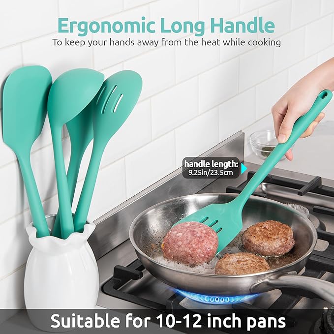 18/8 Stainless Steel Measuring Spoons Set for Dry and Liquid Ingredients (Set of 9), and 600℉ Heat Proof BPA-Free Solid/Slotted Sturdy Cooking Utensil Set of 5 for Non Stick Cookware, Aqua Sky