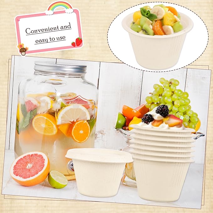 160 Pcs 4 oz Bagasse Fiber Souffle Cups with Lids Natural Disposable Paper Condiment Cups Compostable Portion Cups Sample Bowls for Snack Tasting Salad Dressing Food Storage