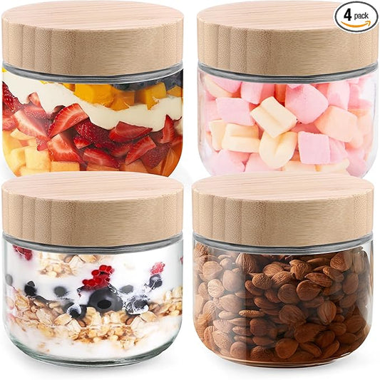 Glass jar with Bamboo lids 4 Set, 10oz overnight oats containers with lids, Glass Mason jars, Reusable Meal Prep Jars with Airtight Lids for Food Yogurt Snacks Storage