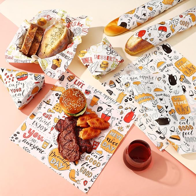 Fumete 600 Pcs 12 x 12 Inch Deli Paper Sheets Bulk Grease Proof Sandwich Wrapping Paper Disposable Kraft Food Tray Basket Liners for Picnic BBQ Festival Party Restaurant Supply, 3 Style Patterns