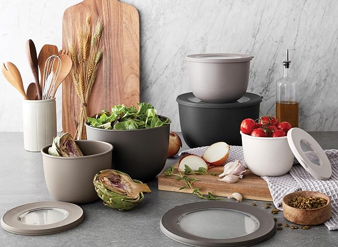 10-Piece Wheat Straw Mixing Bowl Set With Lids, Microwaveable, 5 Bowls and 5 Lids - Grey