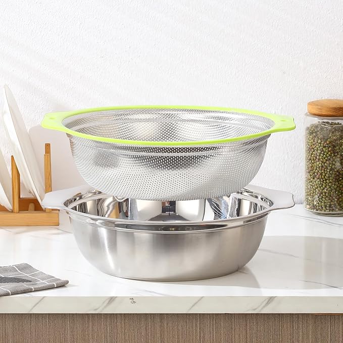 Colander Stainless Steel Microporous, 5QT Large Capacity Rice Washer with Mixing Bowl, 12.5’’Rice Strainer Bowl Set with Handle, Food-Grade Strainers and Colanders for Washing Rice, Pasta