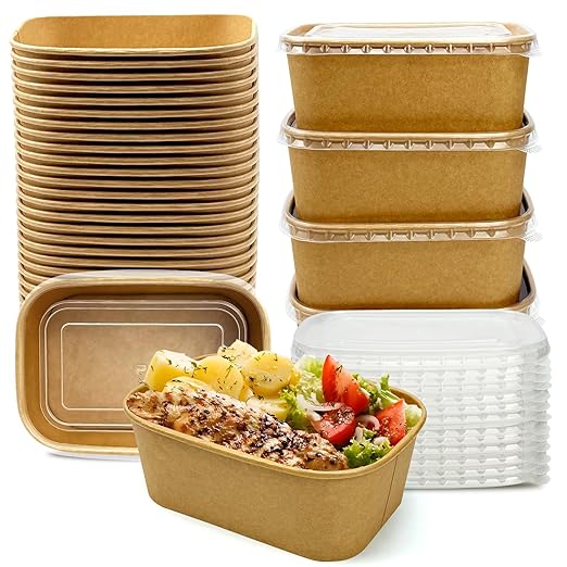 50 Pack Paper Meal Prep Containers with Lids, 20 oz Disposable and Compostable Take out Food Containers Rectangular to Go Kraft Paper Bowls for Leftovers, Salad, Soup, Snack