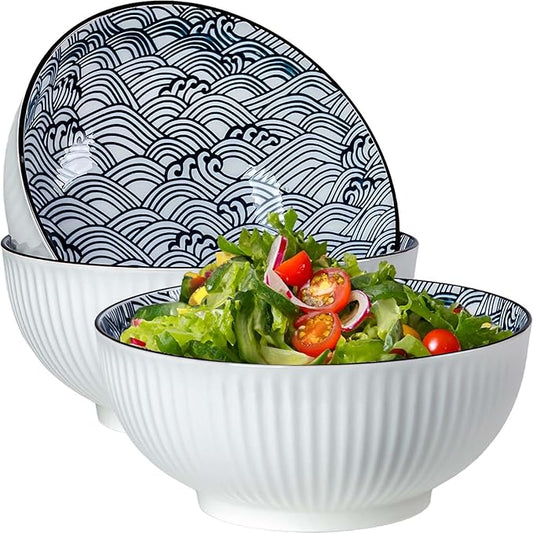 QINLANG Large Soup Bowls, Pho & Ramen Set of 3, 60 oz Blue & White Porcelain - Wave Pattern
