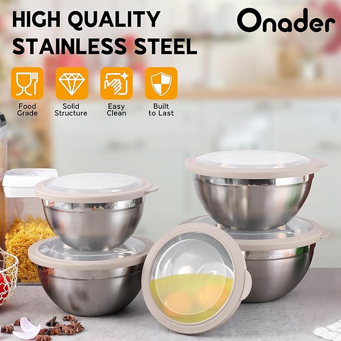 Mixing Bowl Set of 5 for Kitchen Stainless Steel Metal Nesting Mixing Bowls with Khaki Lids – Size 1.5, 2, 2.6, 3.5, 4.6QT