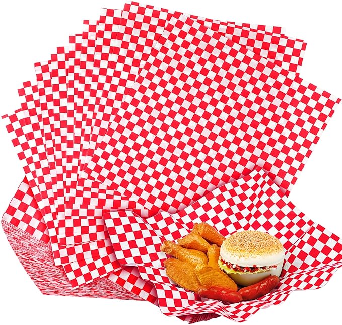 1000 Sheets Wax Deli Paper Sheets for Food 12 x 12 Inch Checkered Dry Waxed Deli Basket Liners for Sandwich Wrapping, Food Basket Liners, Picnic party(Red-white)