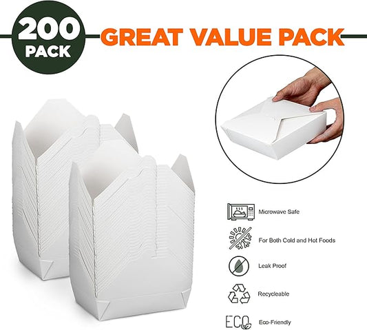 Fit Meal Prep 200 Pack 54 oz Paper Take Out Containers 8.5 x 6 x 2 - White Lunch Meal Food Boxes #2, Disposable Storage To Go Packaging, Microwave Safe, Leak Grease Resistant for Restaurant