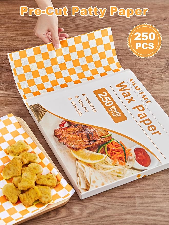 SMARTAKE 12 x 12 Inches Wax Paper for Food, 250 Pcs Non-Stick Hamburger Patty Paper, Square Sandwich Separators Wrapping Paper, for Lunch, Restaurants, Barbecues, Picnics, Parties, Yellow Plaid