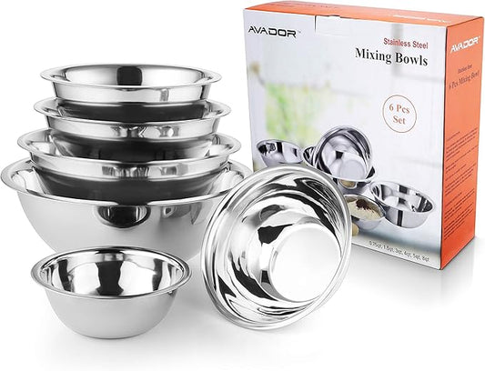 AVADOR Premium Stainless Steel Mixing Bowls, Set of 6 Brushed Stainless Steel Mixing Bowl Set, Easy To Clean, Space Saving, Great for Cooking, Baking, Prepping (6 pc Mixing Bowl)