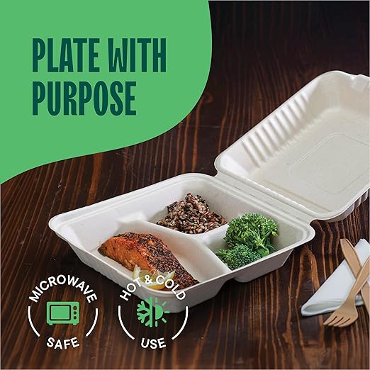 [Bulk - 200-Count] 100% Compostable To Go Containers 9x9" 3-Compartment Clamshell Take Out Food Container with Hinged Lid - Disposable Togo Plates - Eco-Friendly Takeout Box Made of Sugar Cane Bagasse