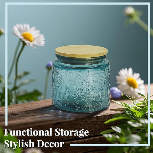12 oz Decorative Glass Storage Jars with Airtight Bamboo Lids - 8 Pack Blue - Sunflower Embossed Spice, Candle & Home Organizer Set
