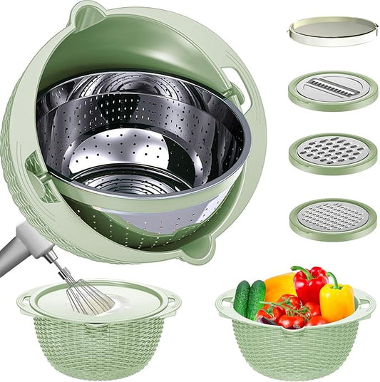 4 in 1 Colander with Bowl Set, Food Strainers and Colanders, Colander for Kitchen, Pasta Strainer, Fruit and Veggie Washer, Fruit Washing Bowl with Strainer, Kitchen Essentials Set, Green
