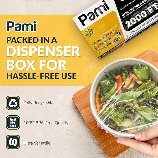 PAMI Plastic Food Wrap 18 Inch Wide X 2000ft, Clear Bpa Free Cling Wrap with Dispenser Box, Commercial Food Wrap Microwave Freezer Safe