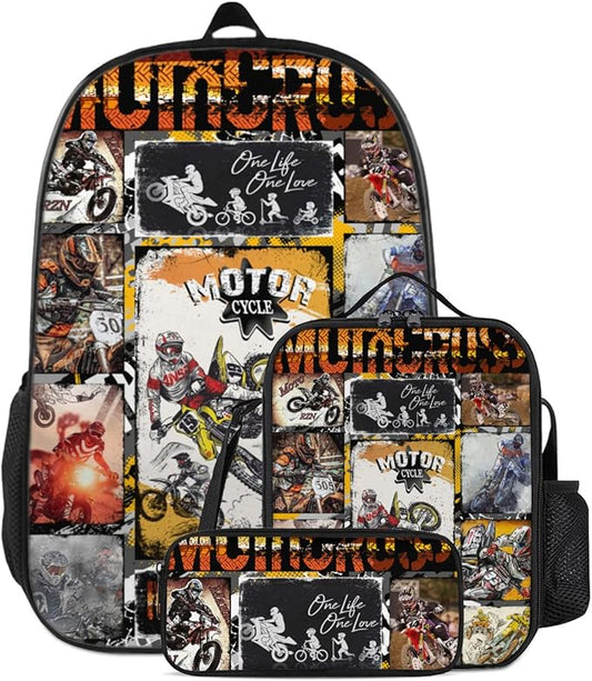 Motorcycle Backpacks - Dirt Bike Backpack Bundle 3 Pieces for Teens, Boys and Girls Motocross For Kids Includes Bookbags Insulated Lunch Bag and Pencil Case Perfect for School and Everyday Use