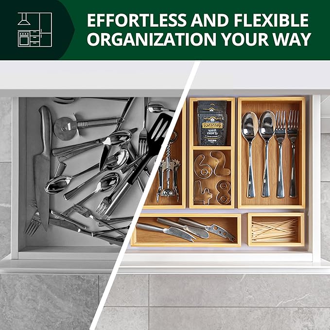 ROYAL CRAFT WOOD 5-Piece Bamboo Drawer Organizer Set – Multi-Use Storage Trays for Kitchen, Bathroom, Office, Makeup, Jewelry & More – Junk Drawer Tray, Utensil Holder, Storage Box & Bin Set (5 Boxes)