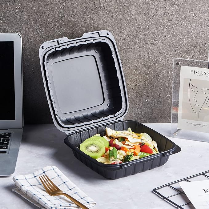 8X8 1-Compartment 50-Pack Plastic Clamshell Takeout Food Trays Heavy Duty Togo Disposable Box Carryout Meal Prep Packaging Catering Hinged Containers With Secure Snap Lid (Formerly FULING)
