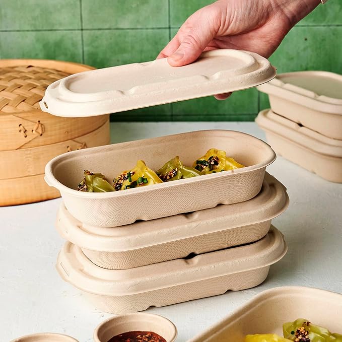 Disposable 16oz Oval Food Containers with Lids [50 Bowls + 50 Lids] Eco-Friendly Biodegradable Bamboo & Sugarcane, Sturdy, Freezer & Microwave Safe for Hot & Cold