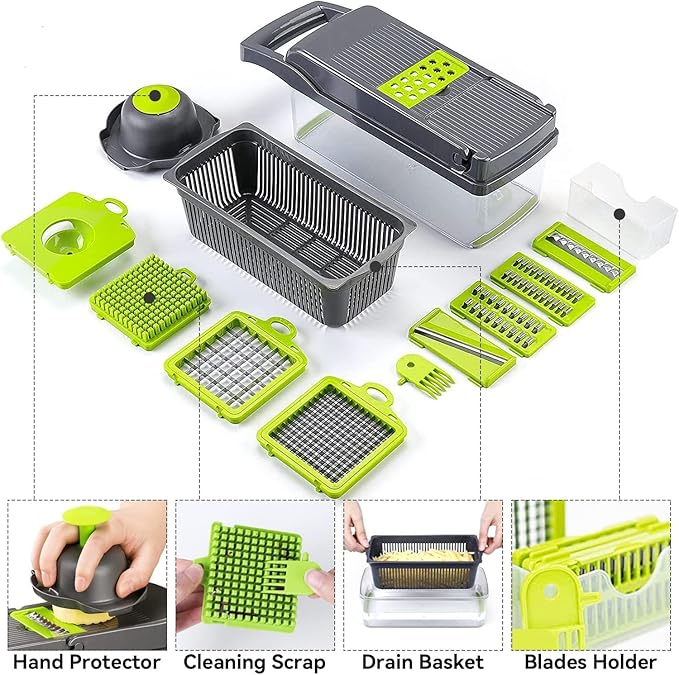 Multi-Function Vegetable Chopper Onion Micer Chopper 12 in 1 Pro Veggie Slicer Dicer Cutter with Container for Potatoes, Tomatoes, Zucchini, Garlic, Eggs, Cucumbers