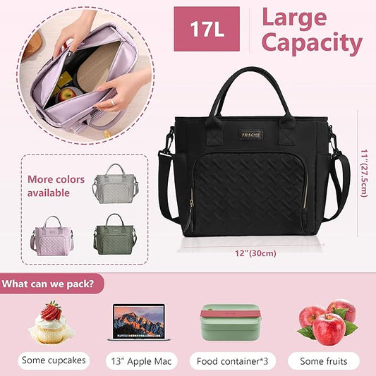 17L Insulated Lunch Bag for Women, LeakProof Insulated Work Lunch Box with Adjustable Shoulder Strap, Large Lunch Cooler Tote for Office, Commute & Travel (Charcoal Black)