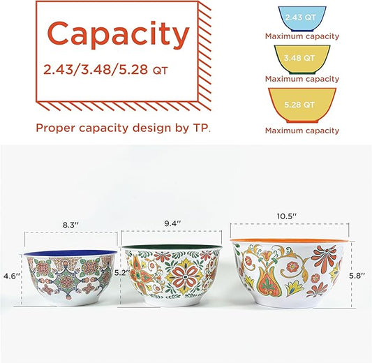 TP Mixing Bowls with Lids, 6-Piece Nesting Melamine Bowls Set for Prepping Serving Baking Cooking, Non Slip Bottom, Set of 3, Aztec Bloom