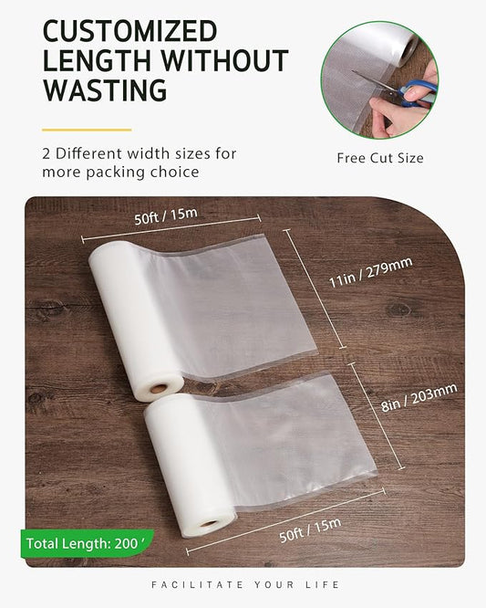 Syntus Vacuum Sealer Bags for Food, 2 Rolls 8" x 50' and 2 Rolls 11" x 50' Commercial Grade Bag Rolls, BPA Free Food Vac Bags for Storage, Meal Prep or Sous Vide
