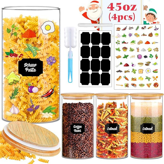 Glass Storage Jars 45 oz 4 Pcs Clear Glass Food Storage Containers with Airtight Bamboo Lid Stackable Kitchen Canisters for Candy,Cookie,Rice,Sugar,Flour,Pasta,Nuts and Spice Jars