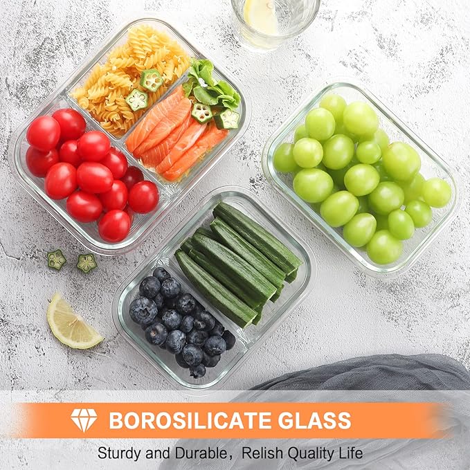 Bayco 9 Pack Glass Meal Prep Containers 3 & 2 & 1 Compartment, Glass Food Storage Containers with Lids, Airtight Glass Lunch Bento Boxes, Leak Proof (9 lids & 9 Containers) - Grey
