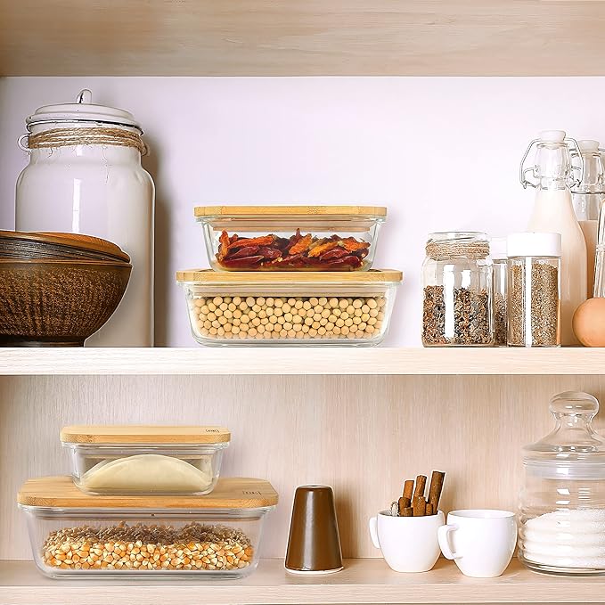 DE Glass Food Storage Containers with Bamboo Lids (Pack of 4) Eco Friendly Glass Meal Prep Containers Reusable BPA Free Bento Lunch Box Airtight Plastic Free Glass Container with Lid
