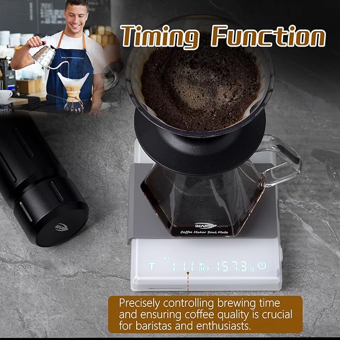 IKAPE Digital Coffee Scale with Timer, 2kg/0.1g High Precision Rechargeable Drip Espresso Scale with Tare Function, LED Display(White)