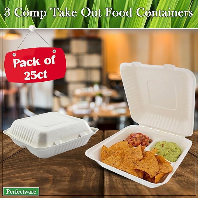 100% Compostable 3 Comp Take Out Food Containers 9x9. 25 Containers, Natural Disposable Bagasse, Eco-Friendly Biodegradable Made of Sugar Cane, Green (PW3comptbagasse-25ct)