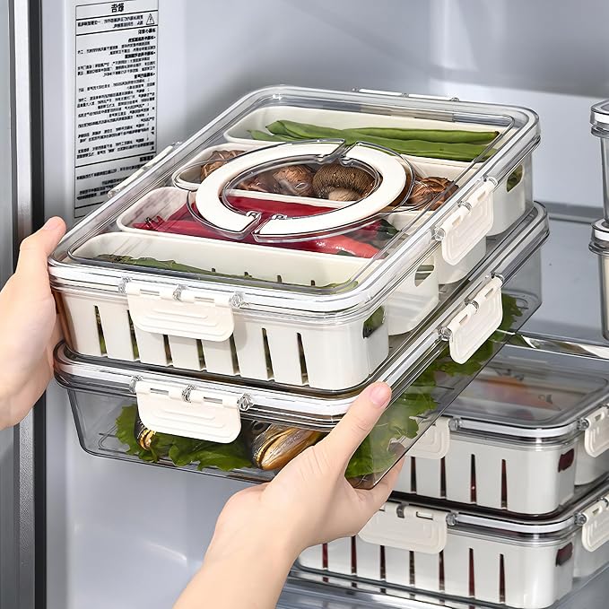 2Pack Divided Veggie Tray with Lid and Handle 4 Compartment Serving Tray with Dividers Portable Travel Snack Storage Containers Stackable Snackle Box Charcuterie Container for Fruit,Vegetable,Salad