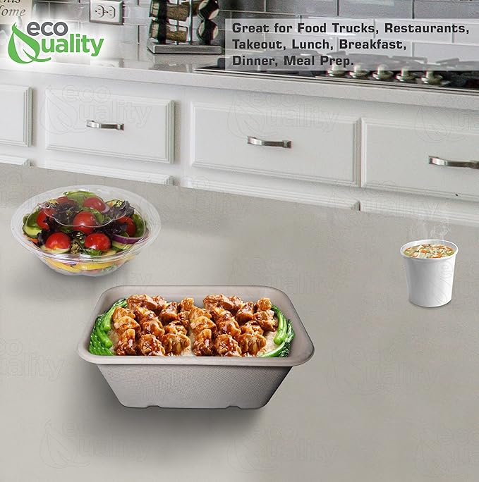 EcoQuality 34oz Disposable Bowls - Rectangular Compostable Sugarcane Fiber Biodegradable Paper Bowls Eco-Friendly Oblong Take Out Food Containers, Food Storage, Microwave Safe, Meal Prep (400 PACK)