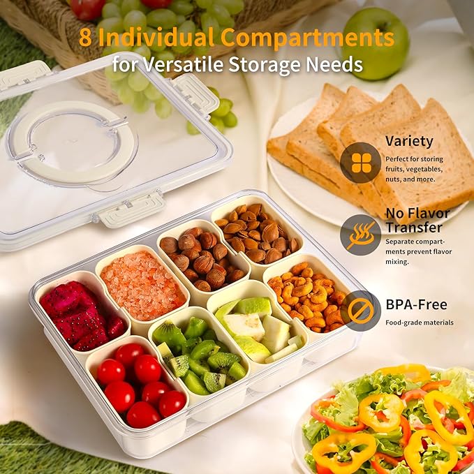 Divided Snackle Box Container - 8 Compartments serving tray with Lid and Handle - Reusable Refrigerator Snack Fruit Veggie Tray - Airtight Kitchen Food Storage Organizer Travel Nuts Candies